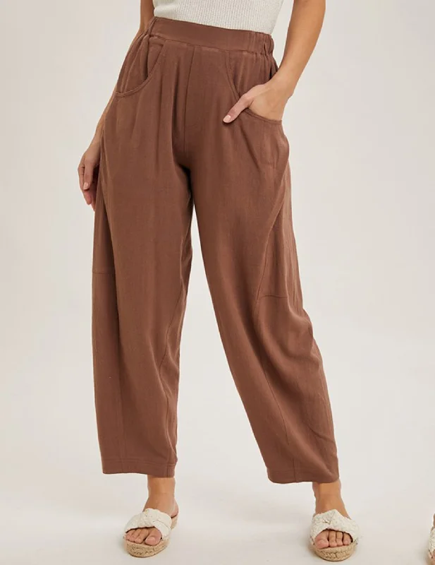 Lazy Style Eliza Chocolate Linen Blend Barrel Pants