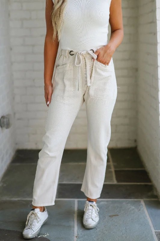 Youthful Boone Front Tie Denim Pants- Cream