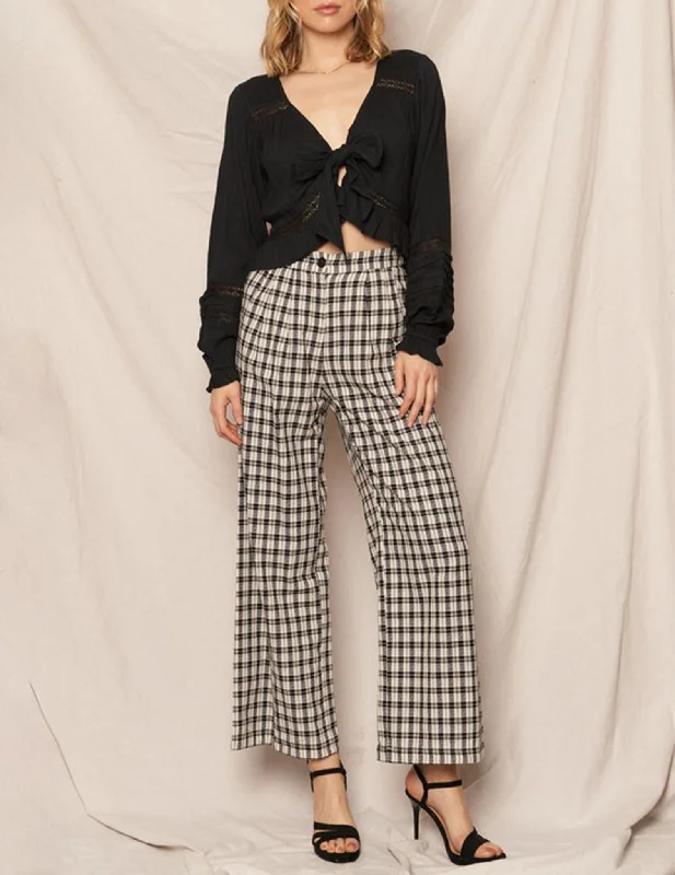 Youthful Ione Black + White Plaid Cotton Trousers