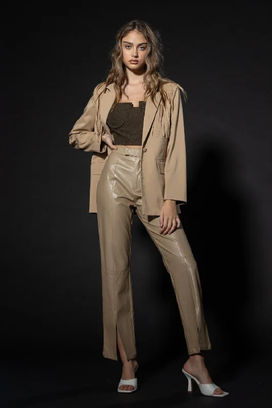 Relaxed Fashion Ivy Slit Leather Pants - Beige
