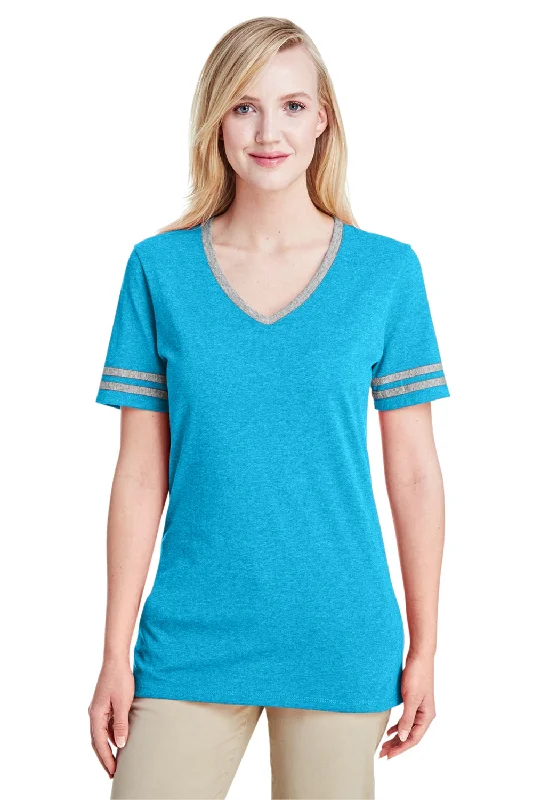 Jerzees Womens Varsity Ringer Moisture Wicking Short Sleeve V-Neck T-Shirt - Heather Caribbean Blue/Oxford Grey - Closeout