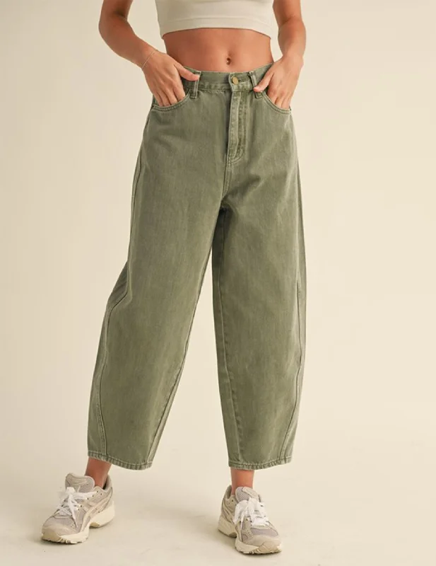 Relaxed And Casual Louise Washed Olive Barrel Pants