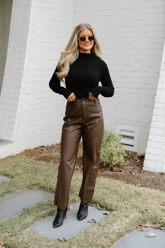 Soft Relaxation Wear Monica Wide Leg Leather Pants-Brown