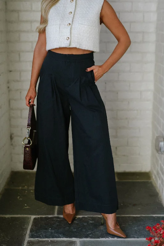 British Style Pleated Wide Leg Pants-Navy