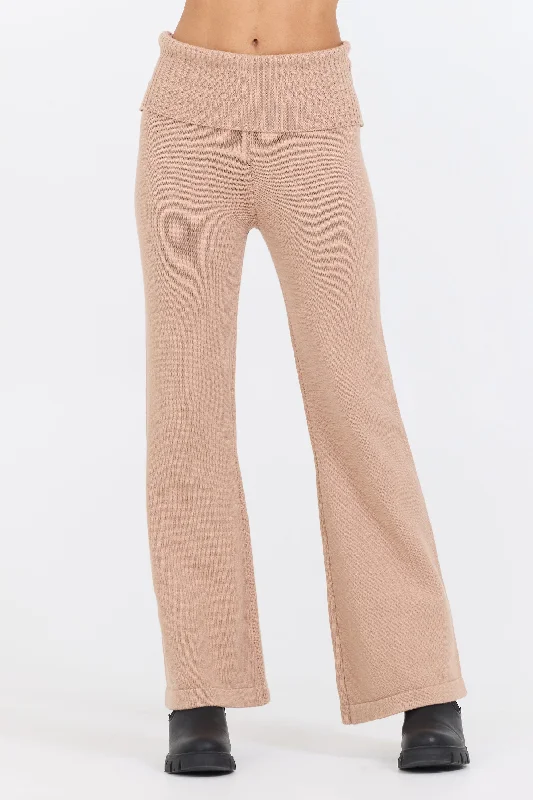 Comfortable And Versatile Salted Caramel Slim Fit Knit Fold Over Flare Pant