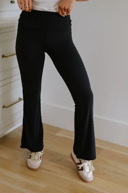 Nightclub Style Soft Knit Foldover Pants-Black