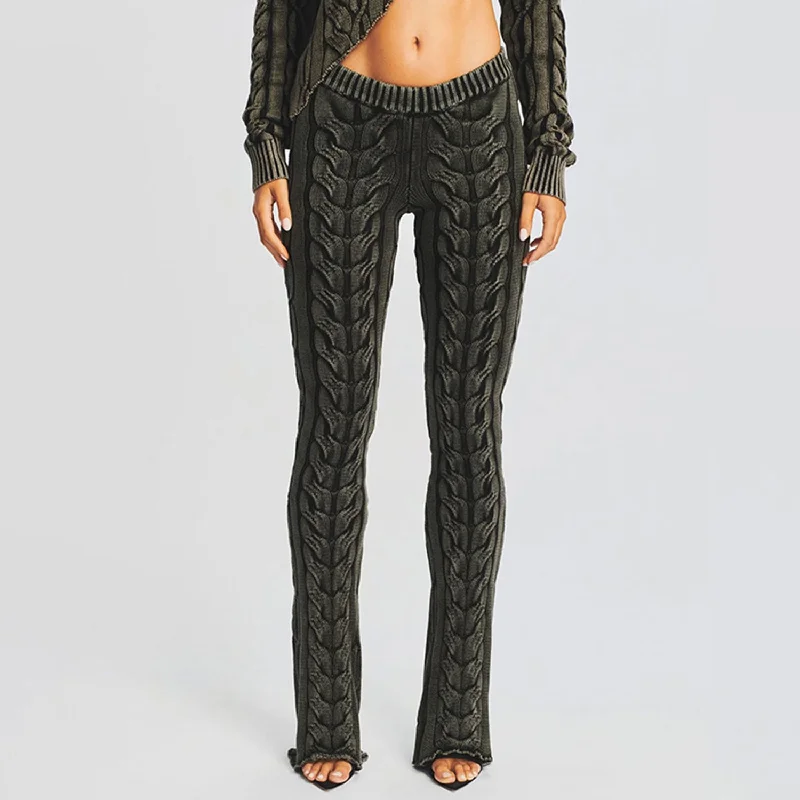 Fashion Must-have Street Style Low Rise Fit and Flare Washed Effect Cable Knit Pants