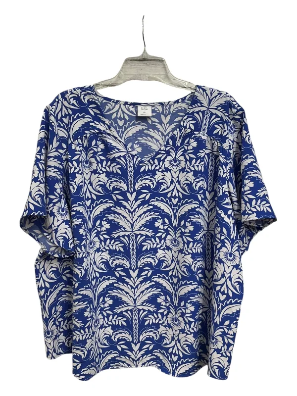 Relaxed Tops Top Short Sleeve By Croft And Barrow In Blue & White, Size: 2x