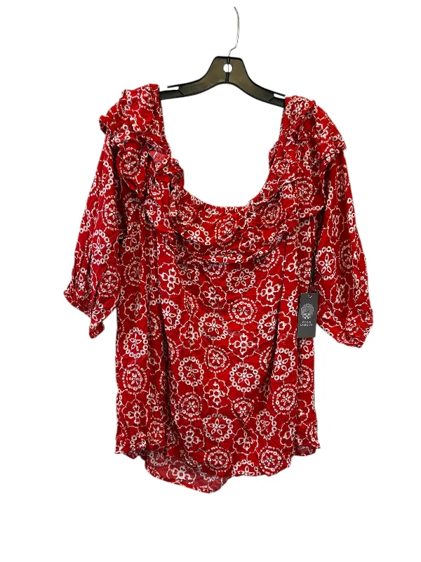 Retro Fashion Top Short Sleeve By Vince Camuto In Red & White, Size: 3x
