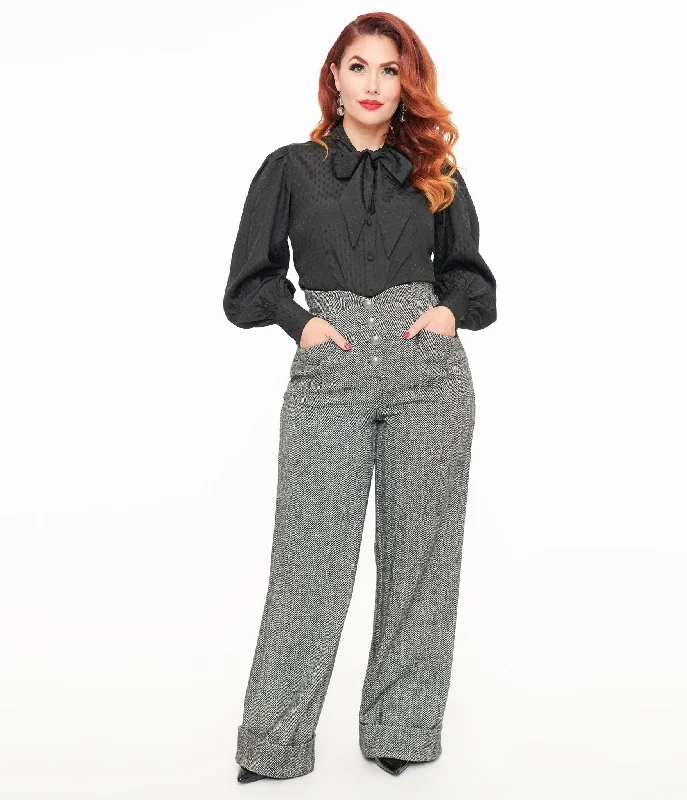 Unique Vintage 1940s Grey Herringbone Buttoned Wide Leg Trousers