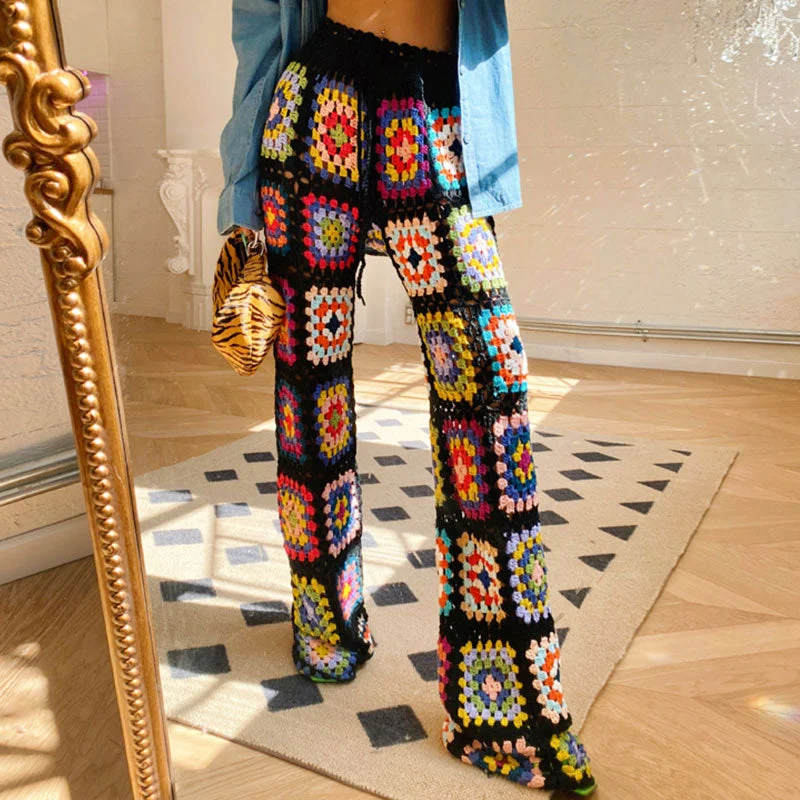 Sports Style Vintage High Waist Wide Leg Granny Square Crochet Hand Knit Pants