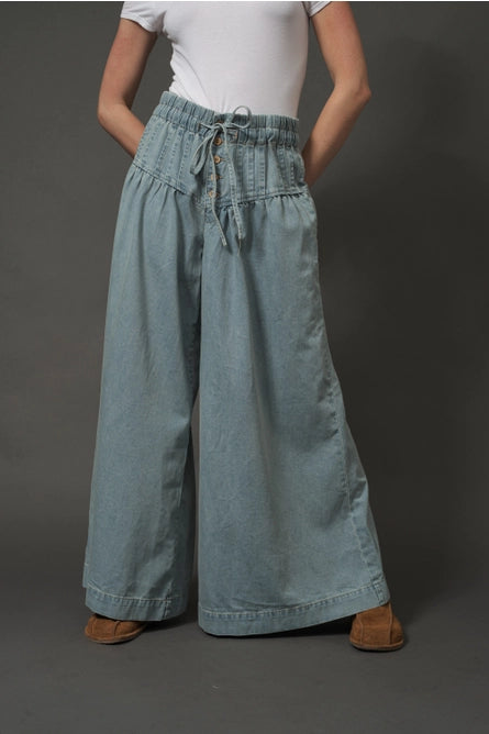 Retro Prints Yoke Pintuck Denim Pants