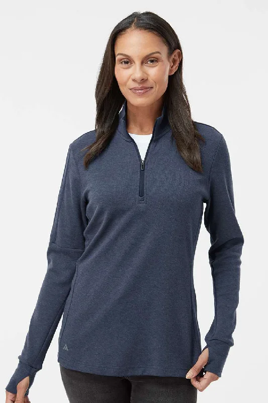 Warm Comfort Adidas Womens 3 Stripes Moisture Wicking 1/4 Zip Sweater - Collegiate Navy Blue Melange Warm Comfort Adidas Womens 3 Stripes Moisture Wicking 1/4 Zip Sweater - Collegiate Navy Blue Melange