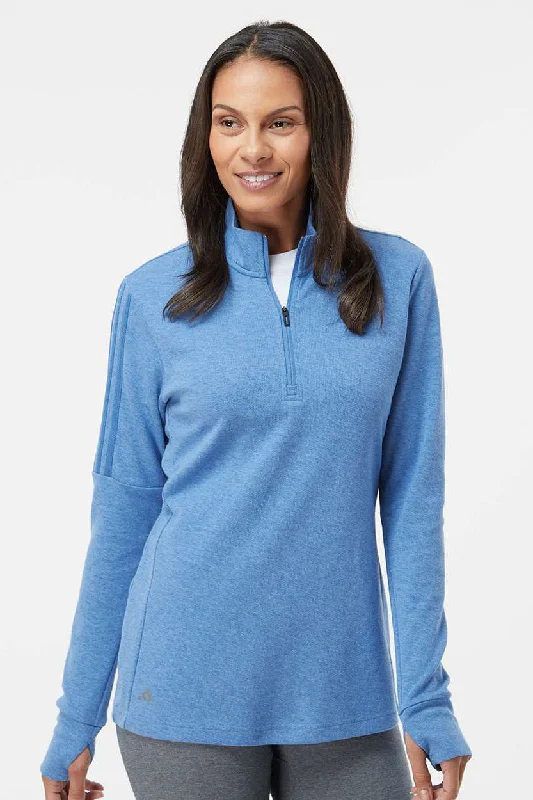 All-Day Comfort Adidas Womens 3 Stripes Moisture Wicking 1/4 Zip Sweater - Focus Blue Melange All-Day Comfort Adidas Womens 3 Stripes Moisture Wicking 1/4 Zip Sweater - Focus Blue Melange