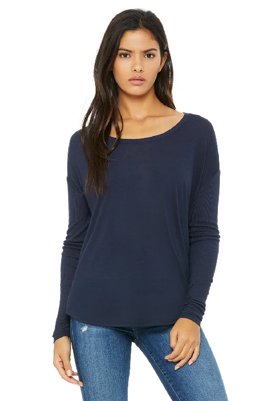 Stretch Design Bella + Canvas Womens Flowy Long Sleeve Wide Neck T-Shirt - Midnight Blue Stretch Design Bella + Canvas Womens Flowy Long Sleeve Wide Neck T-Shirt - Midnight Blue