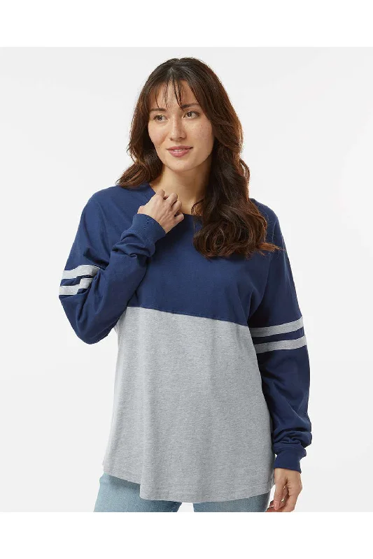Warm Winter Series Boxercraft Womens Pom Pom Long Sleeve Crewneck T-Shirt - Navy Blue/Oxford Grey Warm Winter Series Boxercraft Womens Pom Pom Long Sleeve Crewneck T-Shirt - Navy Blue/Oxford Grey