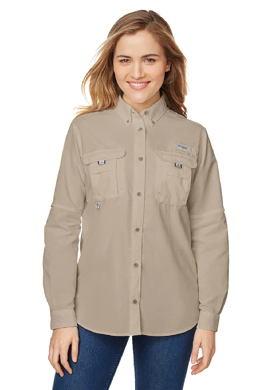 Sports Style Columbia Womens Bahama Moisture Wicking Long Sleeve Button Down Shirt w/ Double Pockets - Fossil Sports Style Columbia Womens Bahama Moisture Wicking Long Sleeve Button Down Shirt w/ Double Pockets - Fossil