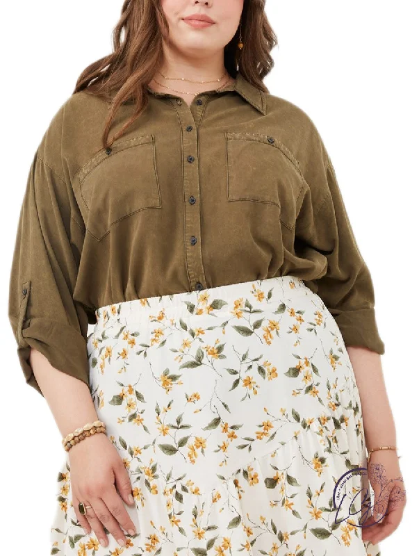 Comfortable Fashion Curvy Faded Fern Button-Up Tencel