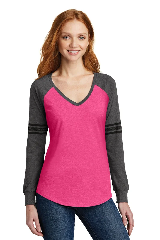 Elegant Wear District Womens Game Long Sleeve V-Neck T-Shirt - Heather Dark Fuchsia Pink/Heather Charcoal Grey/Black - Closeout Elegant Wear District Womens Game Long Sleeve V-Neck T-Shirt - Heather Dark Fuchsia Pink/Heather Charcoal Grey/Black - Closeout