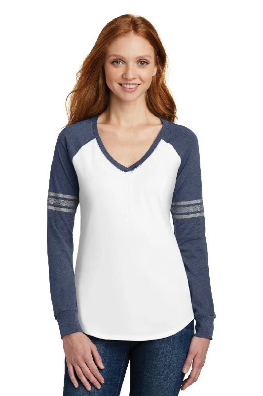 Dynamic Fashion District Womens Game Long Sleeve V-Neck T-Shirt - White/Heather Navy Blue/Silver Grey - Closeout