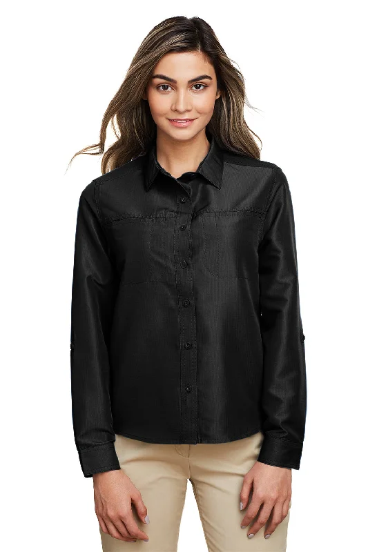 Bottom And Versatile Harriton Womens Key West Performance Moisture Wicking Long Sleeve Button Down Shirt w/ Pocket - Black Bottom And Versatile Harriton Womens Key West Performance Moisture Wicking Long Sleeve Button Down Shirt w/ Pocket - Black