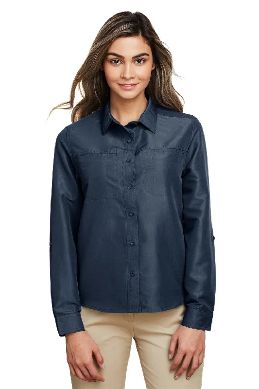 Simple Looks Harriton Womens Key West Performance Moisture Wicking Long Sleeve Button Down Shirt w/ Pocket - Navy Blue Simple Looks Harriton Womens Key West Performance Moisture Wicking Long Sleeve Button Down Shirt w/ Pocket - Navy Blue