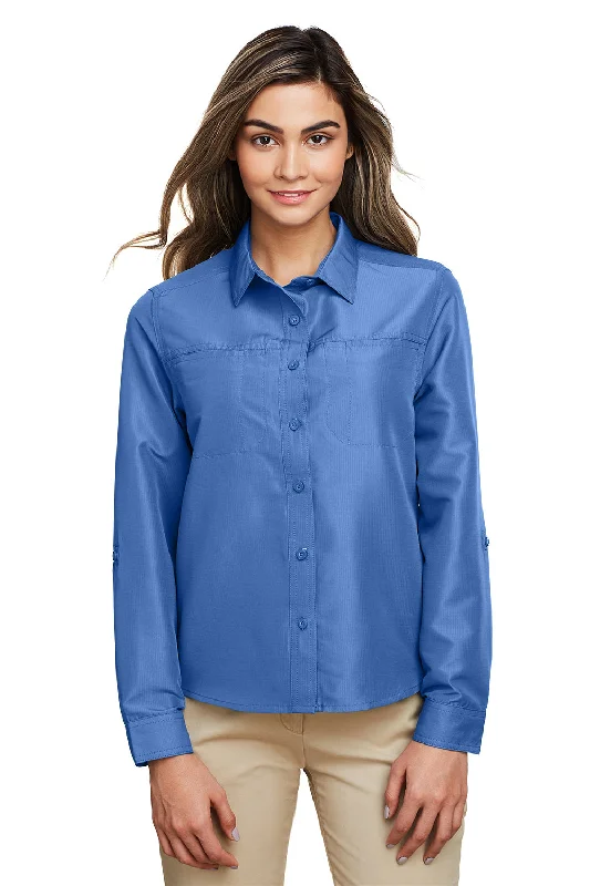 Casual Ease Harriton Womens Key West Performance Moisture Wicking Long Sleeve Button Down Shirt w/ Pocket - Pool Blue Casual Ease Harriton Womens Key West Performance Moisture Wicking Long Sleeve Button Down Shirt w/ Pocket - Pool Blue