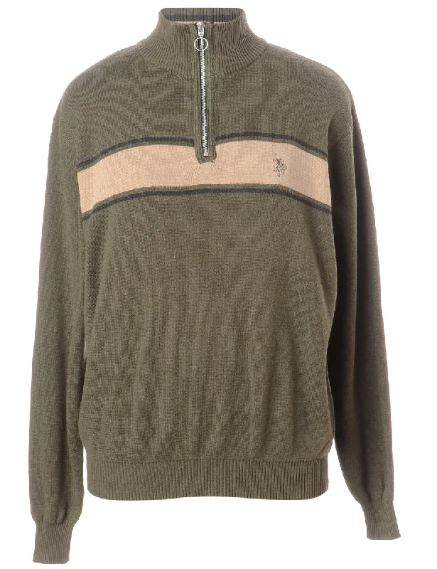Comfortable And Cold-proof Label Olive Green Zip Front Knitted Jumper