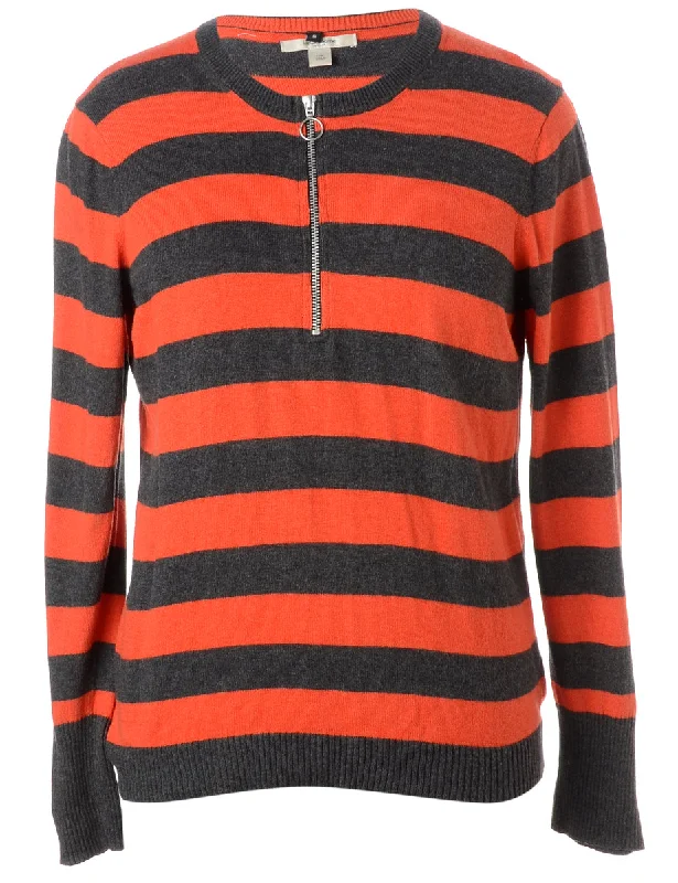 Trendy And Casual Label Orange Zip Front Knitted Jumper