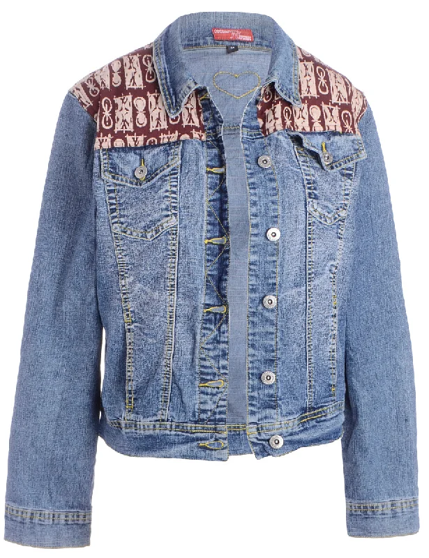 Design Trend Label Patterned Panel Denim Jacket