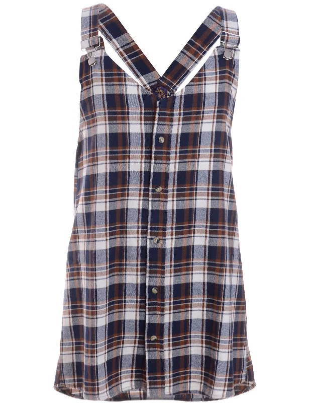 Comfortable Series Label Plaid Pinafore Shirt Dress