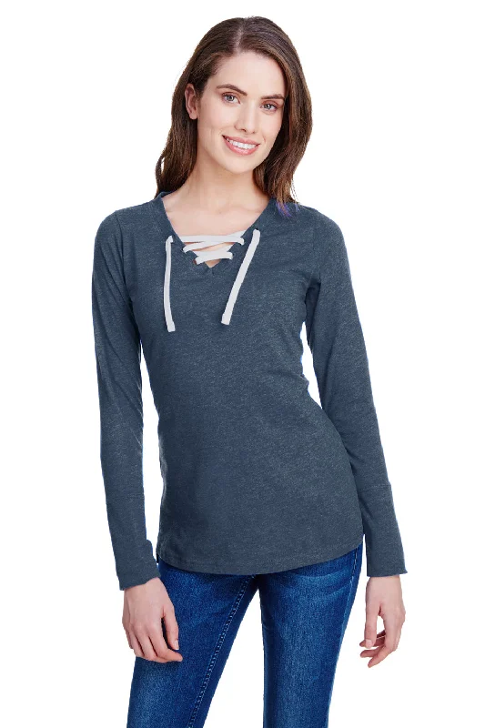 Must-have For Autumn And Winter LAT Womens Fine Jersey Lace Up Long Sleeve V-Neck T-Shirt - Vintage Navy Blue Must-have For Autumn And Winter LAT Womens Fine Jersey Lace Up Long Sleeve V-Neck T-Shirt - Vintage Navy Blue