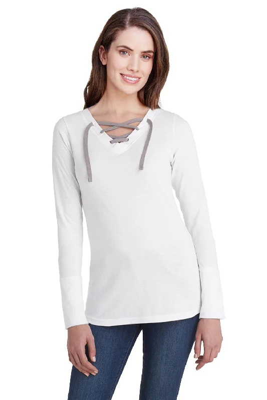 Celebrity Picks LAT Womens Fine Jersey Lace Up Long Sleeve V-Neck T-Shirt - White