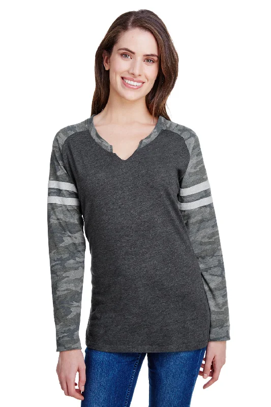 Noble And Elegant LAT Womens Gameday Mash Up Fine Jersey Long Sleeve V-Neck T-Shirt - Vintage Smoke Grey/Camo Noble And Elegant LAT Womens Gameday Mash Up Fine Jersey Long Sleeve V-Neck T-Shirt - Vintage Smoke Grey/Camo