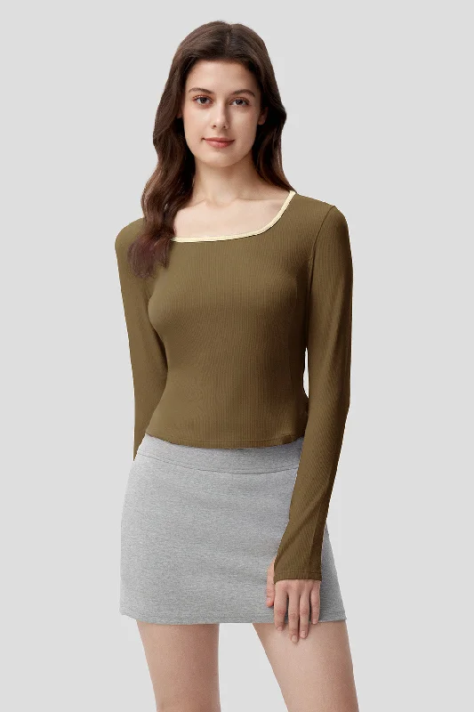 Luxury Customization Women's Short U-Neck Skin-Fit Long Sleeve Shirt