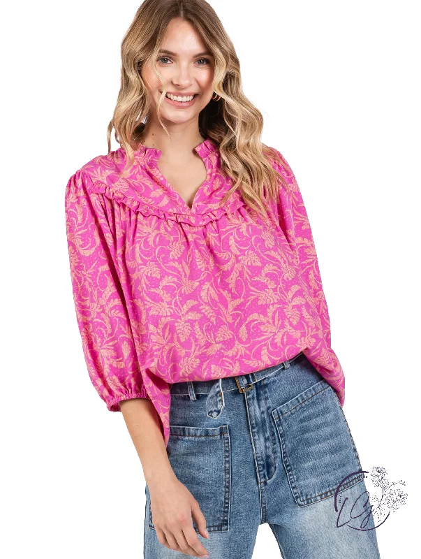 Weekend Style Pink Wave Ruffle Blouse