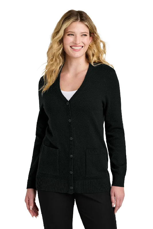 Elegant Wear Port Authority Womens Easy Care Button Front Long Sleeve Cardigan Sweater w/ Pockets - Deep Black - New Elegant Wear Port Authority Womens Easy Care Button Front Long Sleeve Cardigan Sweater w/ Pockets - Deep Black - New