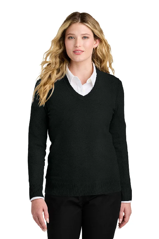 High-end Sense Port Authority Womens Easy Care Long Sleeve V-Neck Sweater - Deep Black - New High-end Sense Port Authority Womens Easy Care Long Sleeve V-Neck Sweater - Deep Black - New