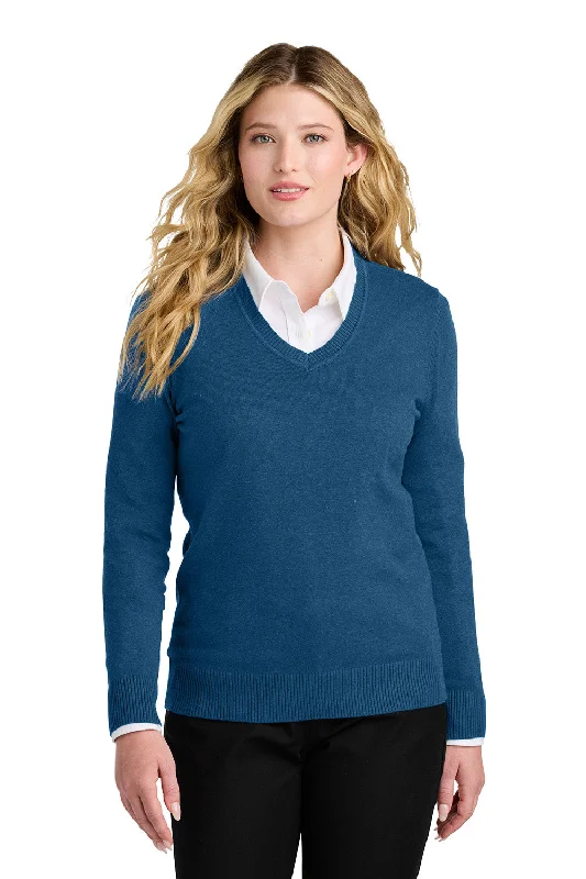 Celebrity Style Port Authority Womens Easy Care Long Sleeve V-Neck Sweater - Heather Aegean Blue - New Celebrity Style Port Authority Womens Easy Care Long Sleeve V-Neck Sweater - Heather Aegean Blue - New