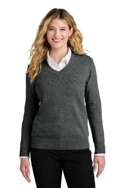 Economic Outlook Port Authority Womens Easy Care Long Sleeve V-Neck Sweater - Heather Charcoal Grey - New Economic Outlook Port Authority Womens Easy Care Long Sleeve V-Neck Sweater - Heather Charcoal Grey - New