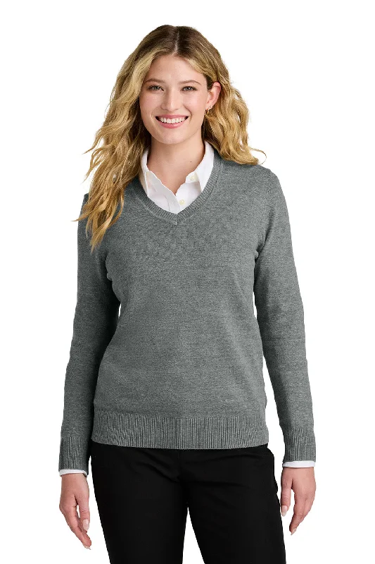 Street Fashion Port Authority Womens Easy Care Long Sleeve V-Neck Sweater - Heather Medium Grey - New Street Fashion Port Authority Womens Easy Care Long Sleeve V-Neck Sweater - Heather Medium Grey - New
