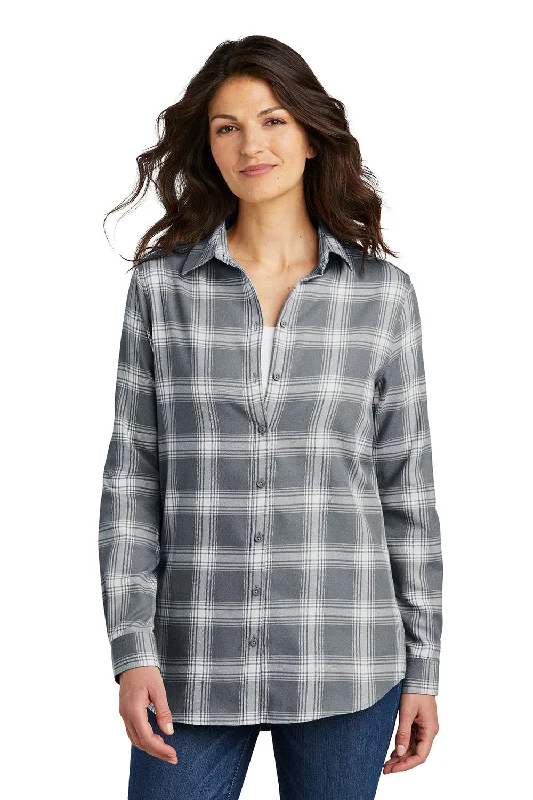 Breathable Design Port Authority Womens Flannel Long Sleeve Button Down Shirt - Grey/Cream Open Plaid Breathable Design Port Authority Womens Flannel Long Sleeve Button Down Shirt - Grey/Cream Open Plaid