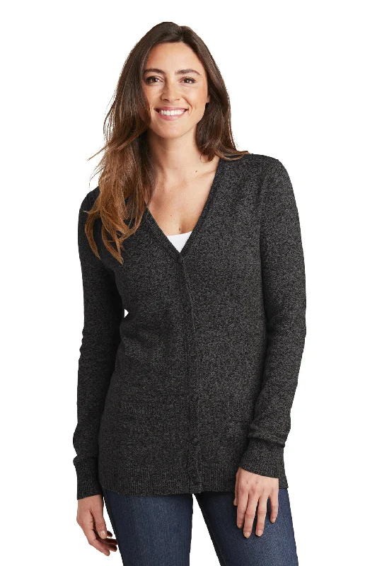 Chic Outfits Port Authority Womens Long Sleeve Cardigan Sweater - Black Marl