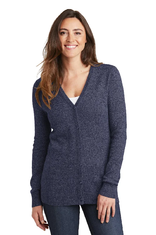 Classic Style Port Authority Womens Long Sleeve Cardigan Sweater - Navy Blue Marl