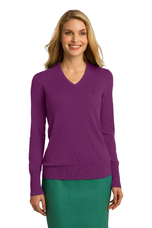 Luxury Fashion Port Authority Womens Long Sleeve V-Neck Sweater - Deep Berry Purple