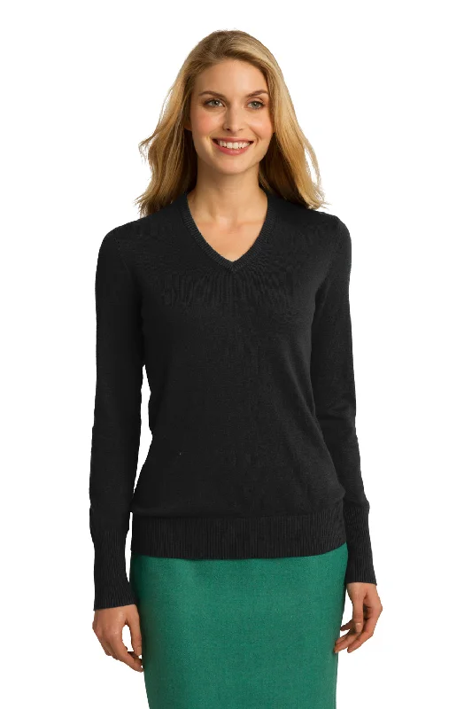 French Style Port Authority Womens Long Sleeve V-Neck Sweater - Black