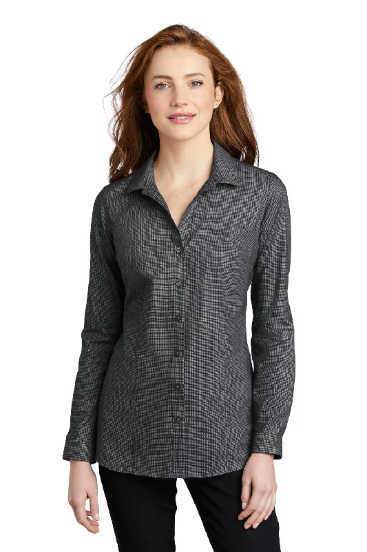 Playful Style Port Authority Womens Pincheck Wrinkle Resistant Long Sleeve Button Down Shirt - Black/Steel Grey Playful Style Port Authority Womens Pincheck Wrinkle Resistant Long Sleeve Button Down Shirt - Black/Steel Grey