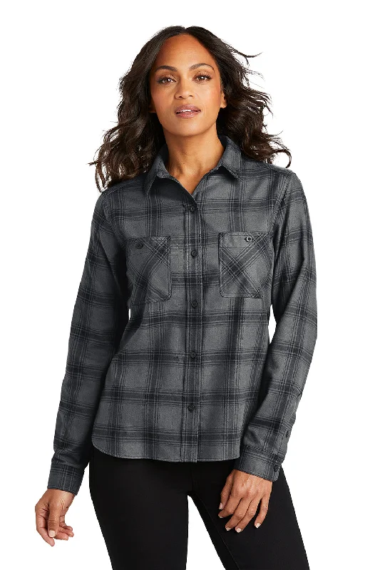 Comfortable Wear Port Authority Womens Plaid Flannel Long Sleeve Button Down Shirt w/ Double Pockets - Grey/Black Plaid Comfortable Wear Port Authority Womens Plaid Flannel Long Sleeve Button Down Shirt w/ Double Pockets - Grey/Black Plaid