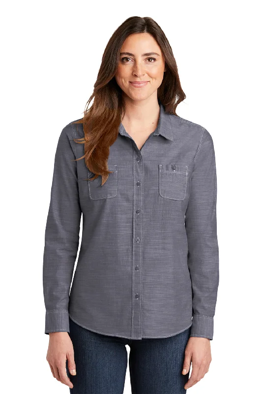 Comfortable Sweaters Port Authority Womens Slub Chambray Long Sleeve Button Down Shirt w/ Double Pockets - True Navy Blue Comfortable Sweaters Port Authority Womens Slub Chambray Long Sleeve Button Down Shirt w/ Double Pockets - True Navy Blue