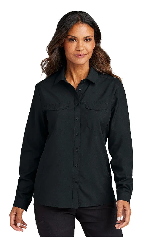 Luxury Style Port Authority Womens Daybreak Moisture Wicking Long Sleeve Button Down Shirt w/ Pockets - Deep Black - New